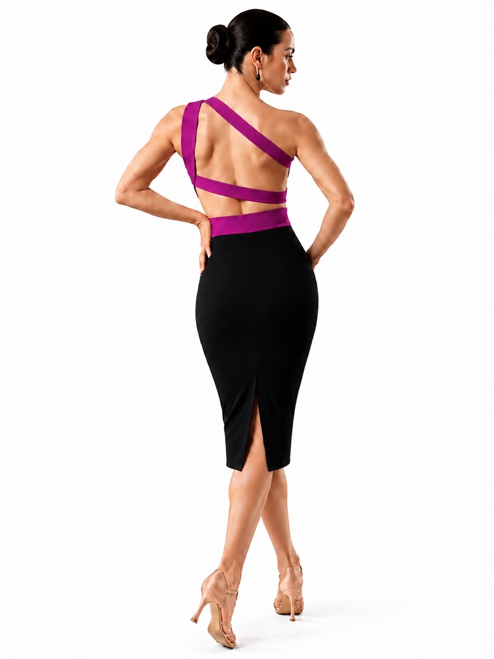 One Shoulder Open Back Reversable Dress Black Magenta Size 8 - DNI Tango